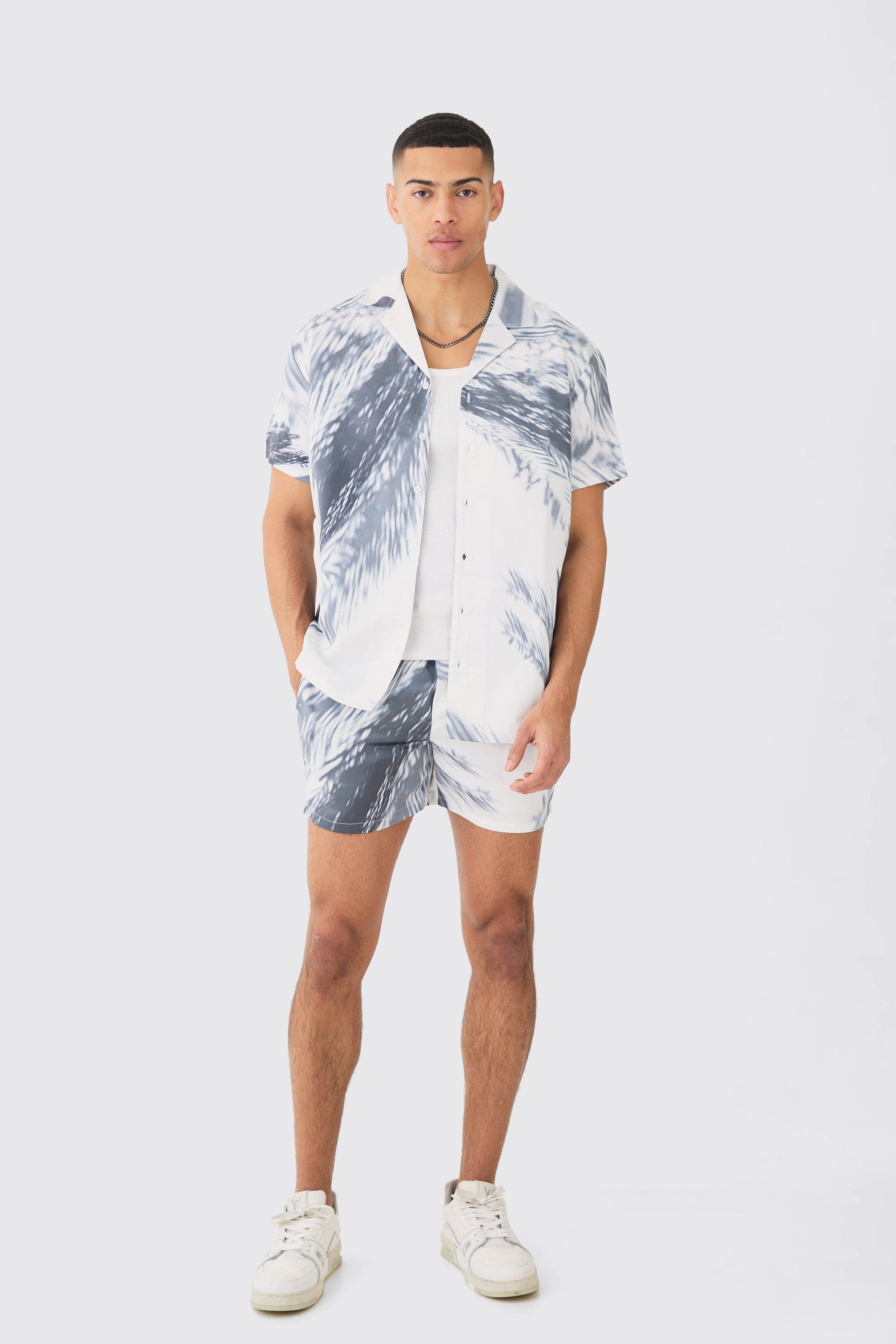 Oversized Satin Branch Print Shirt And Short | boohooMAN USA Product Image