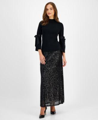 Anne Klein Womens Mock Neck Tie Sleeve Sweater Sequin Maxi Skirt Product Image