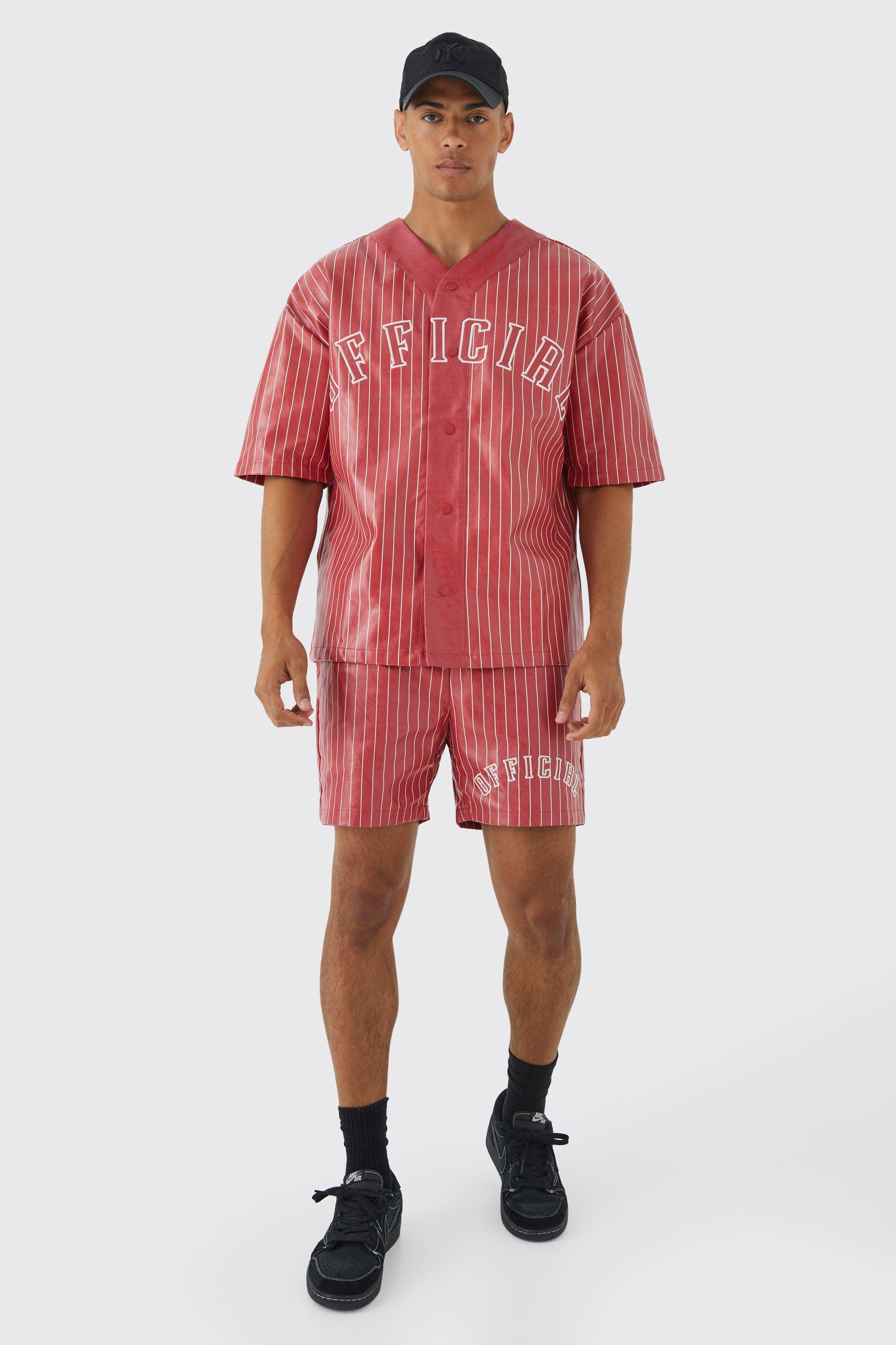 Mens Red Short Sleeve Oversized Pu Baseball Shirt & Short Set, Red Product Image