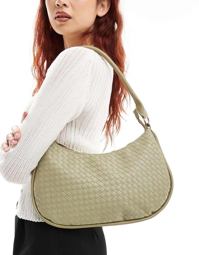 Glamorous woven detail crescent shoulder bag in olive green  Product Image