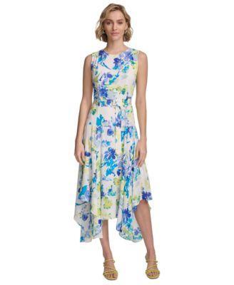 Calvin Klein Womens Sleeveless Floral Handkerchief Hem Dress Product Image