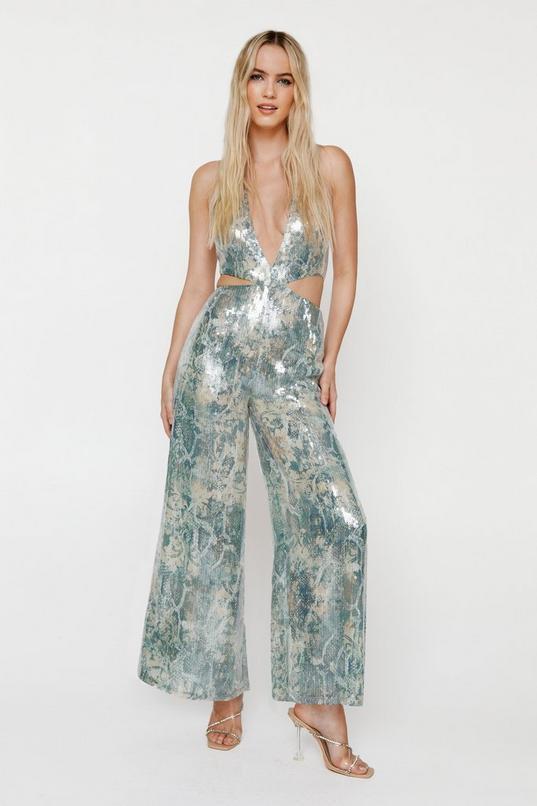 Snake Sequin Cut Out Wide Leg Jumpsuit Product Image