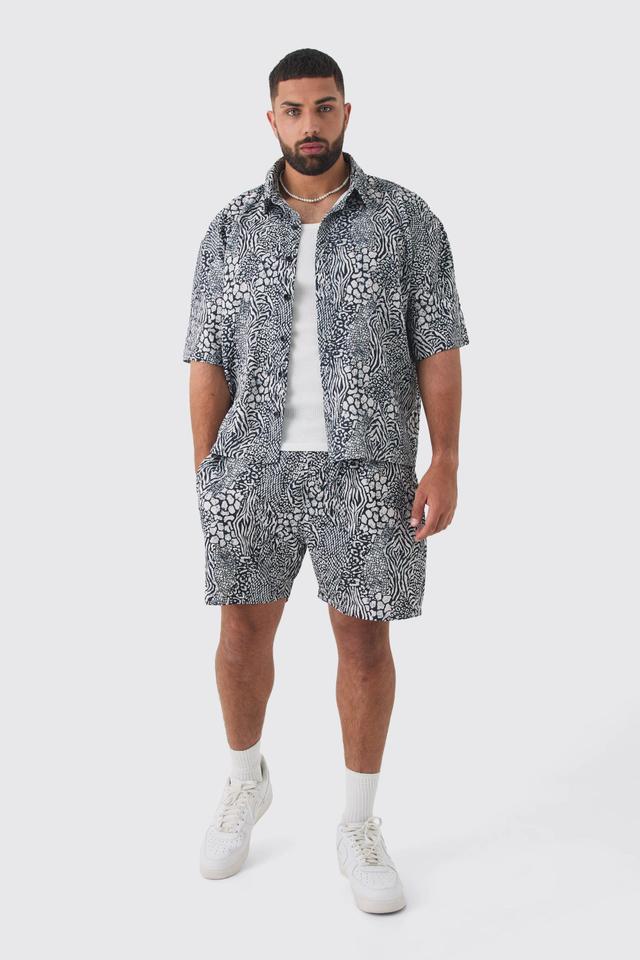 Plus Animal Printed Oversized Short Sleeve Pleated Shirt & Short Set | boohooMAN USA Product Image