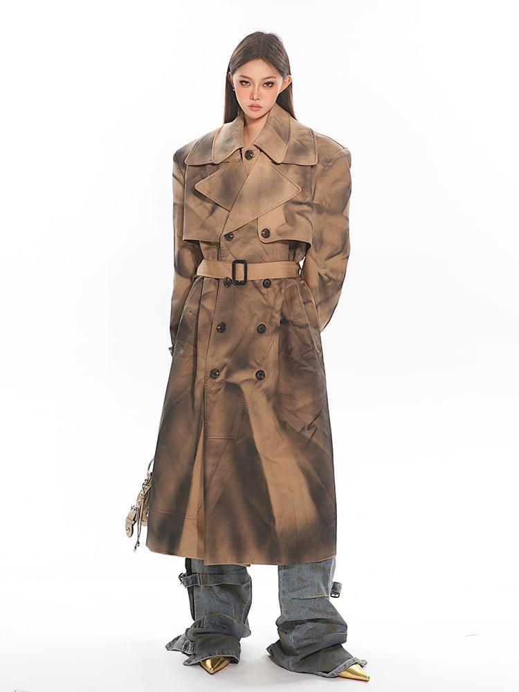 Collared Tie Dye Midi Double Breasted Belted Trench Coat Product Image