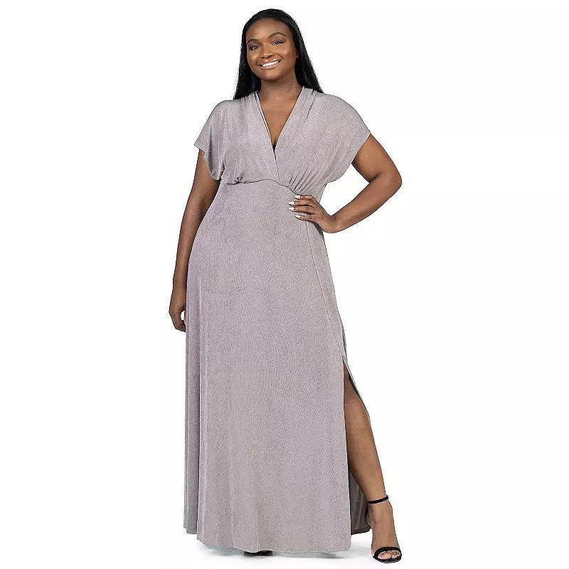 Plus Size 24Seven Comfort Apparel Flutter Sleeve Metallic Knit Maxi Dress Front Slit Empire Waist, Womens Product Image