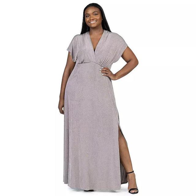 Plus Size 24Seven Comfort Flutter Sleeve Metallic Knit Maxi Dress Front Slit Empire Waist, Womens Product Image