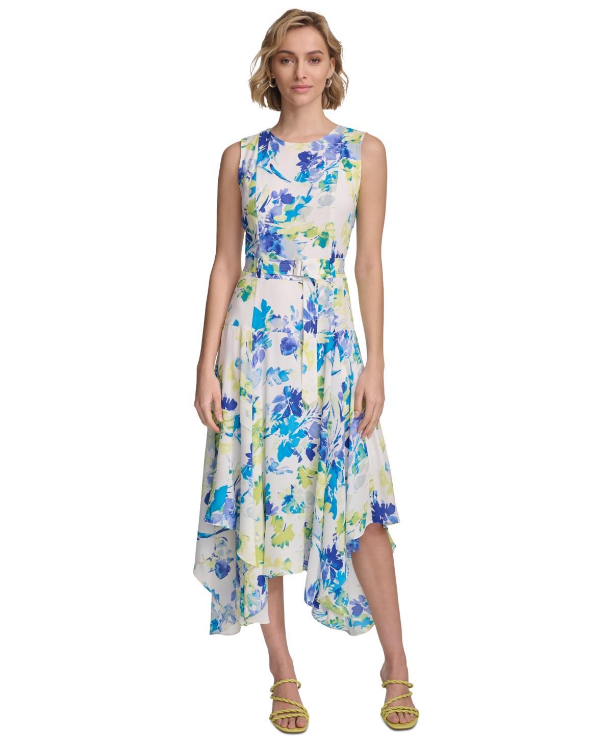 Calvin Klein Womens Sleeveless Floral Handkerchief Hem Dress Product Image