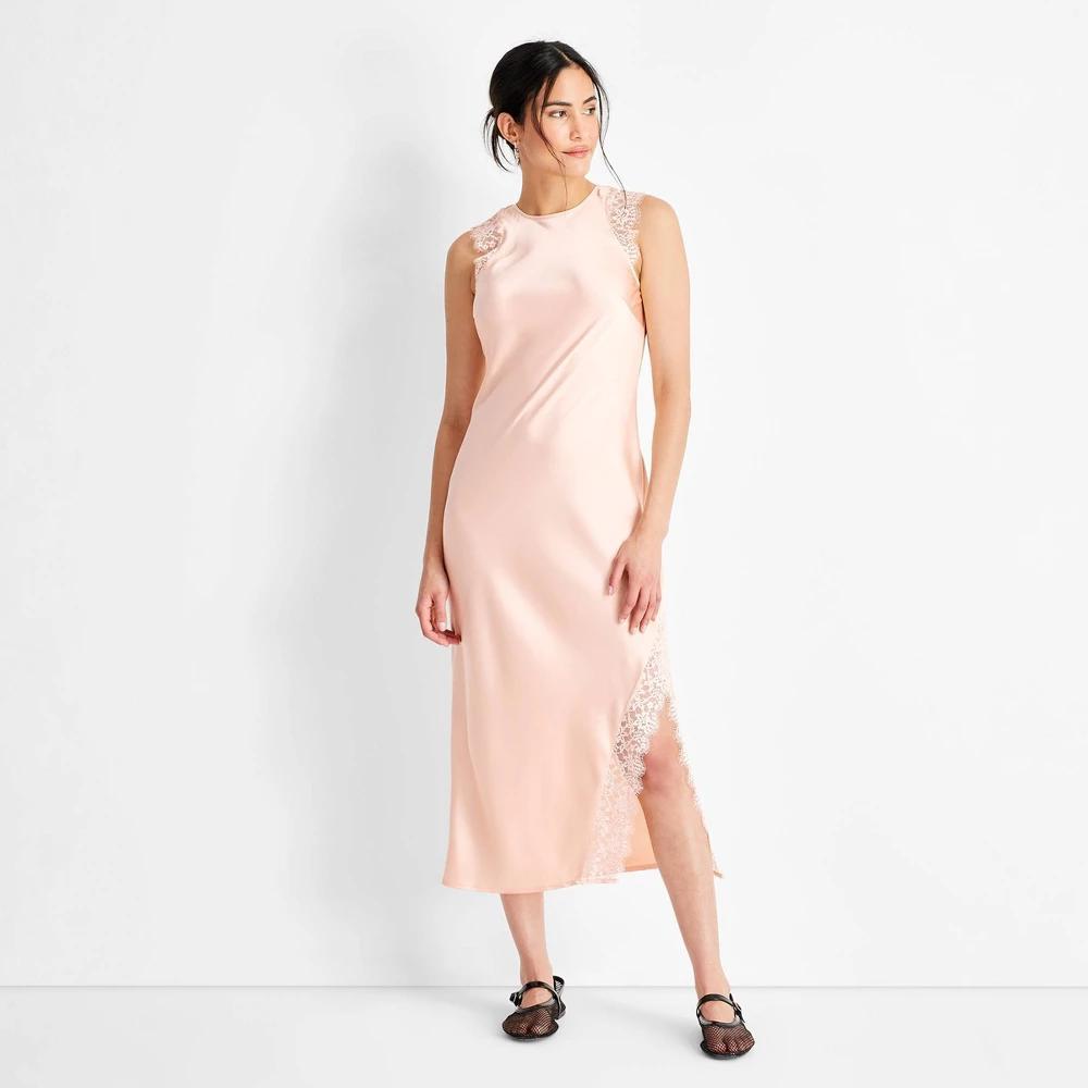 Womens Sleeveless Lace Trim Ankle Dress - Future Collective Peach Orange XS Product Image