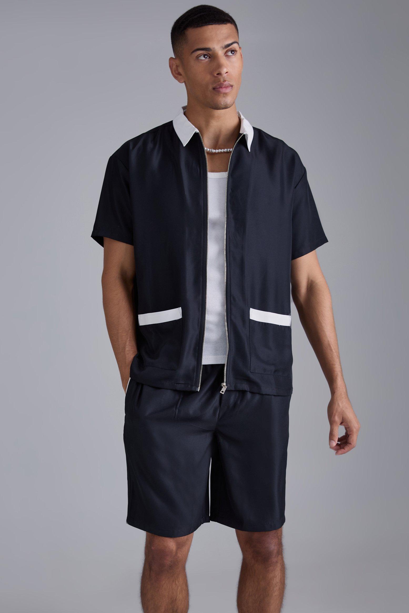 Mens Black Oversized Soft Twill Contrast Pocket Shirt & Short Set, Black Product Image