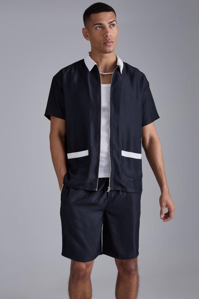 Oversized Soft Twill Contrast Pocket Shirt & Short Set | boohooMAN USA Product Image