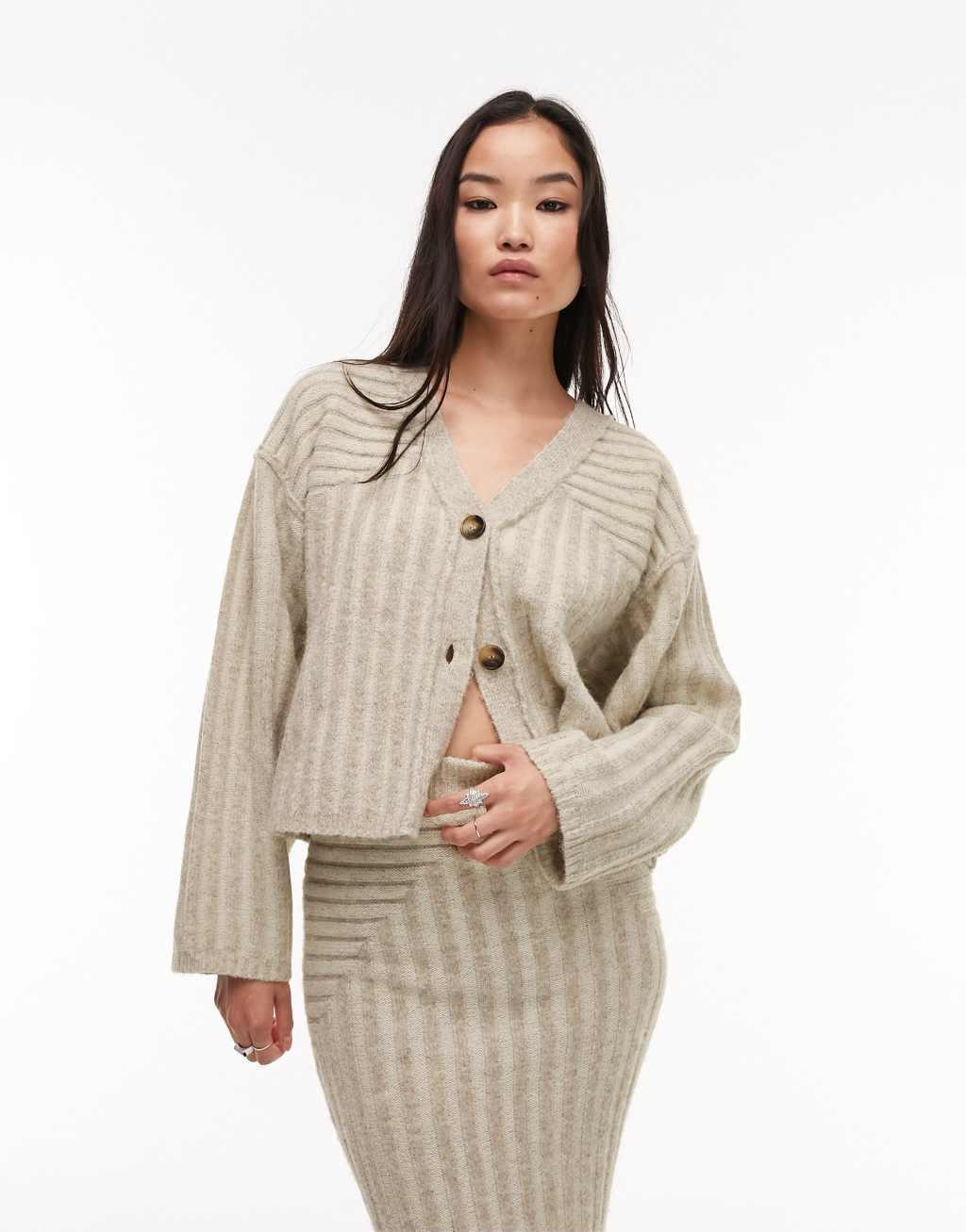 Topshop knitted premium plated cardigan in stone Product Image