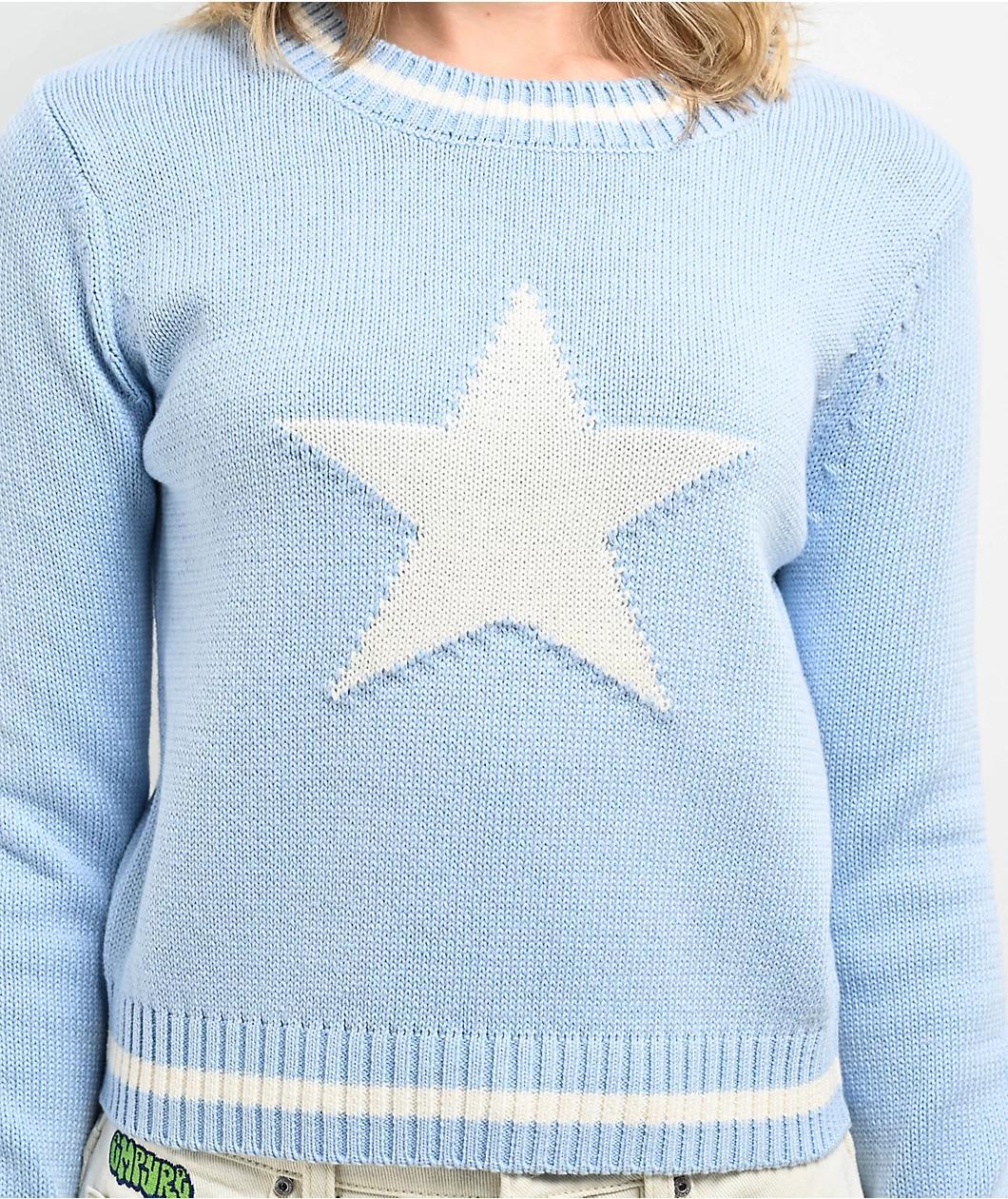 Cali 1850 Star Light Blue Long Sleeve Crop Sweater Product Image