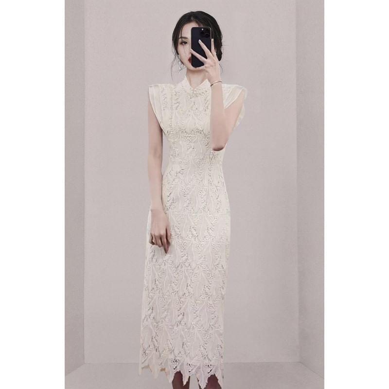 Sleeveless Stand Collar Plain Lace Sheath Midi Dress Product Image