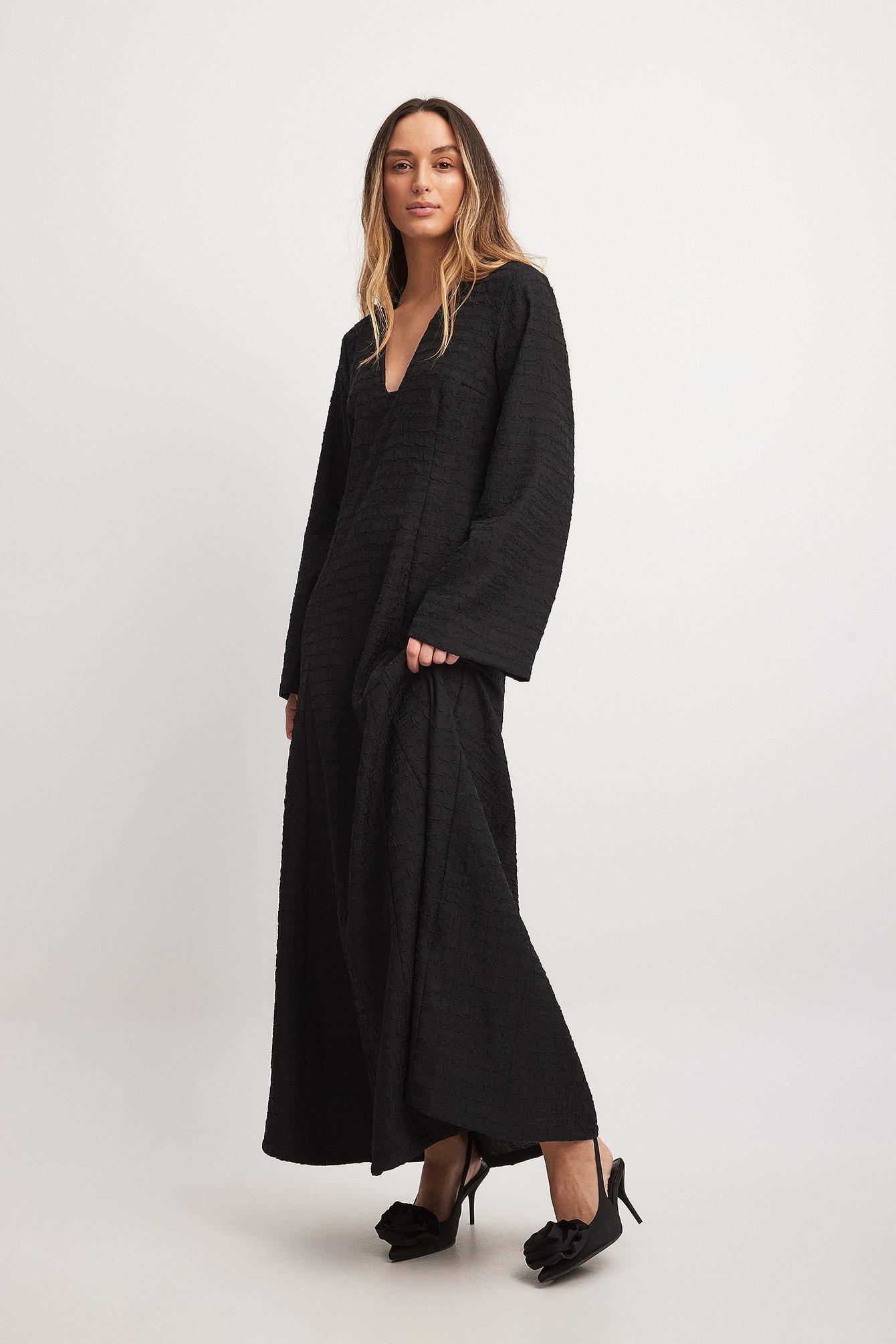 Structured Long Sleeve Deep Neck Maxi Dress Product Image