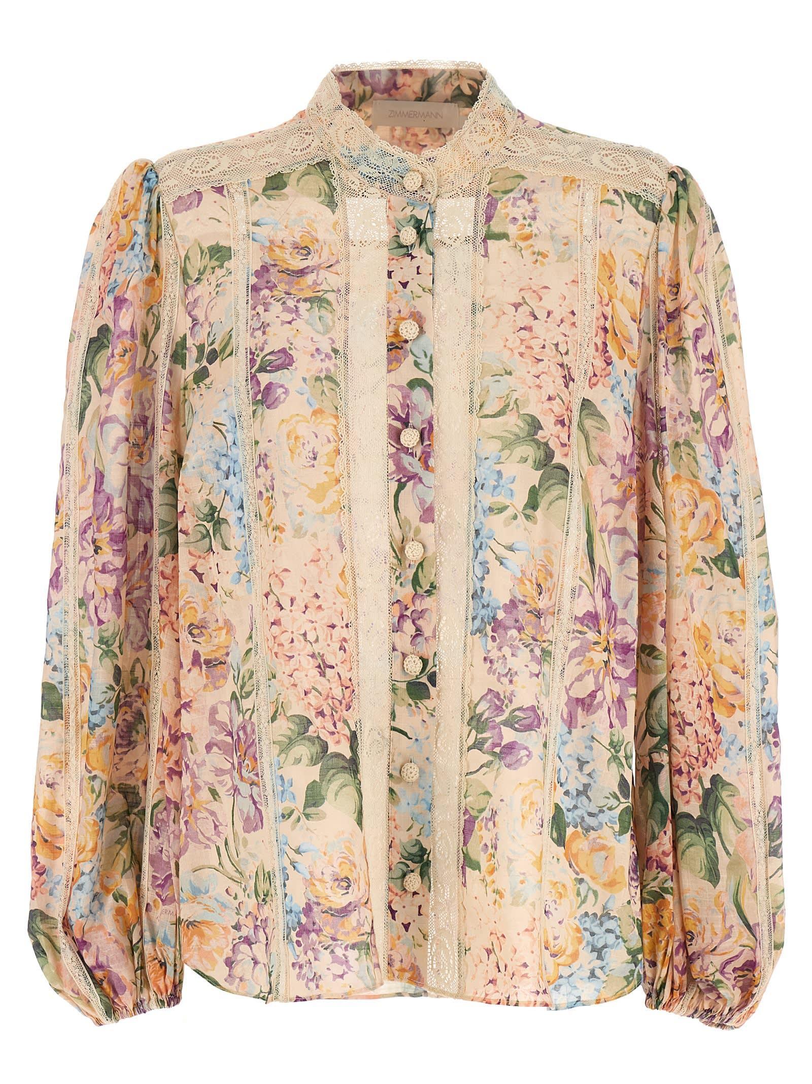 ZIMMERMANN Halliday Floral Lace Trim Balloon Sleeve Cotton Button-up Shirt In Multi Watercolour Floral Product Image