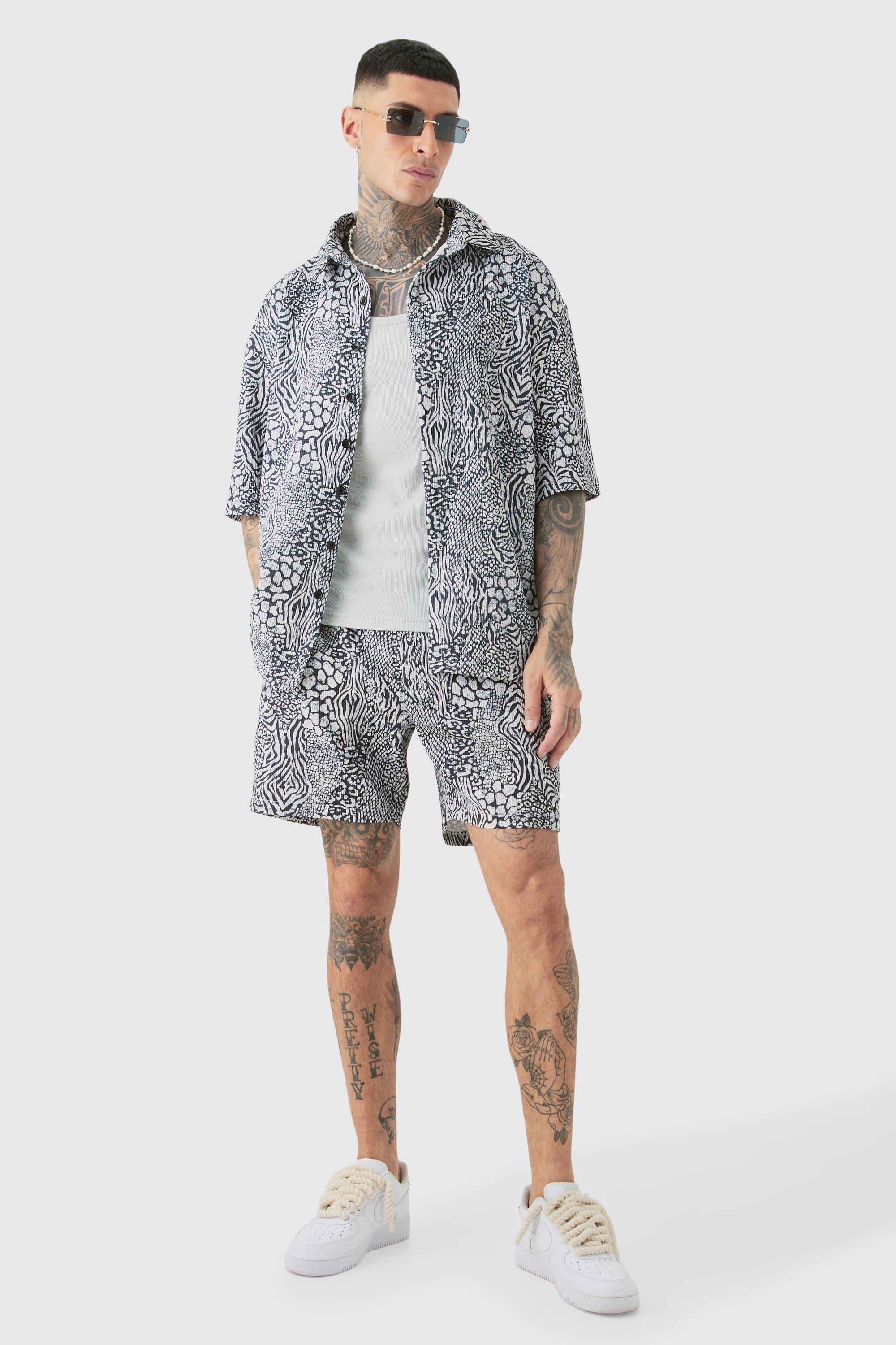 Tall Animal Printed Oversized Short Sleeve Pleated Shirt & Short Set | boohooMAN USA Product Image