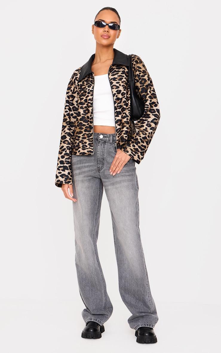 Brown Contrast Faux Leather Leopard Jacket Product Image