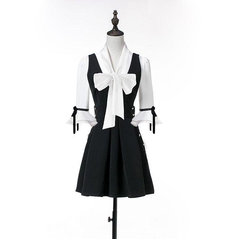 Tie-Neck Blouse/ Pinstripe Sleeveless Playsuit Product Image