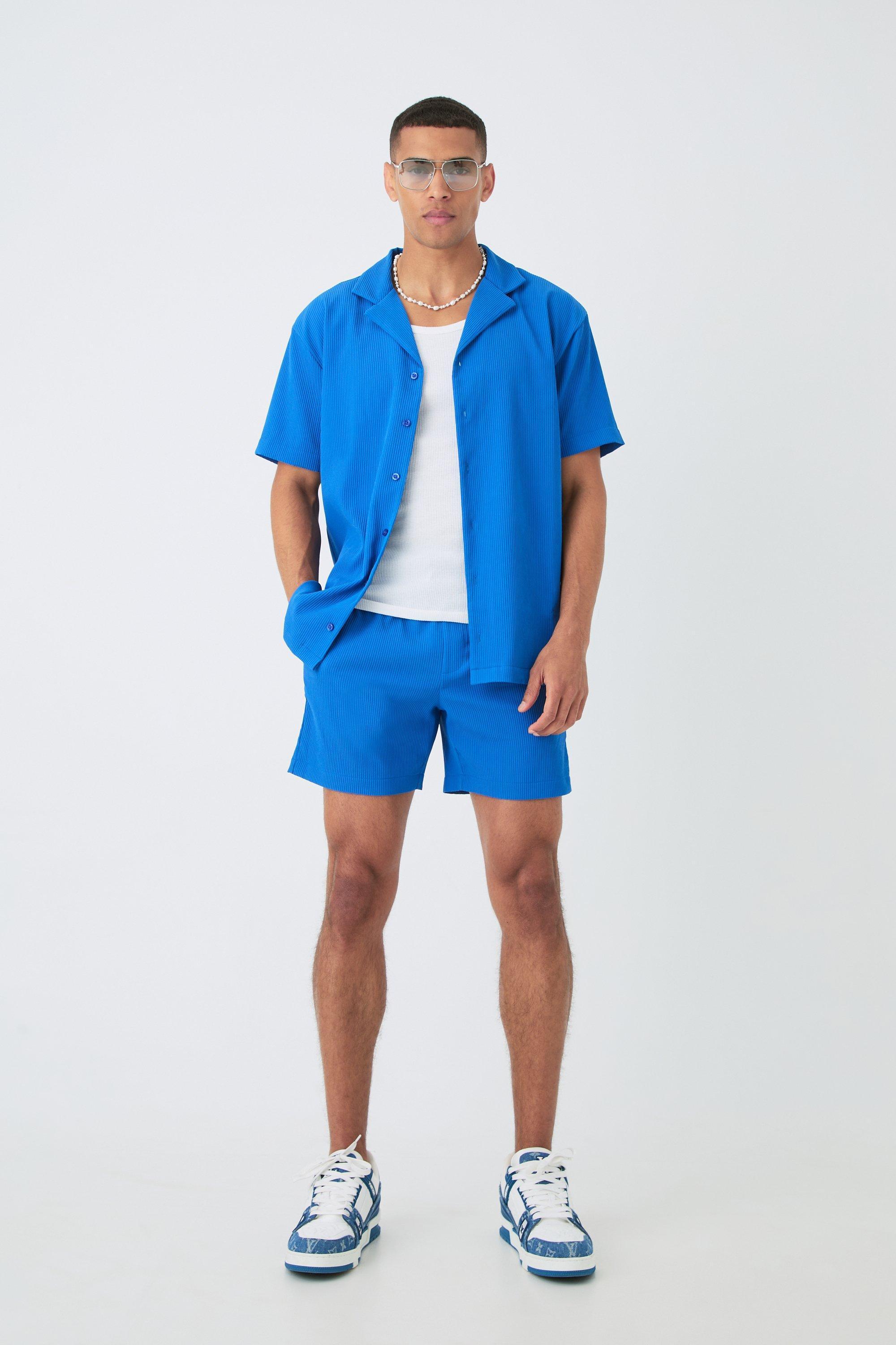 Short Sleeve Oversized Lightweight Pleat Shirt & Short Set | boohooMAN USA Product Image