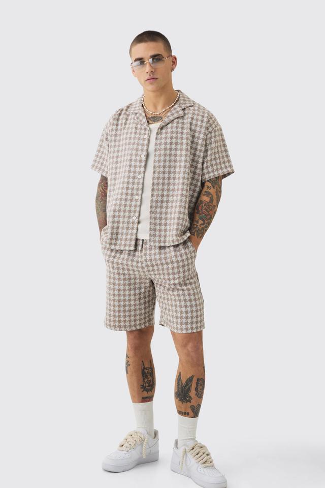 Short Sleeve Boxy Linen Look Houndstooth Shirt & Short | boohooMAN USA Product Image