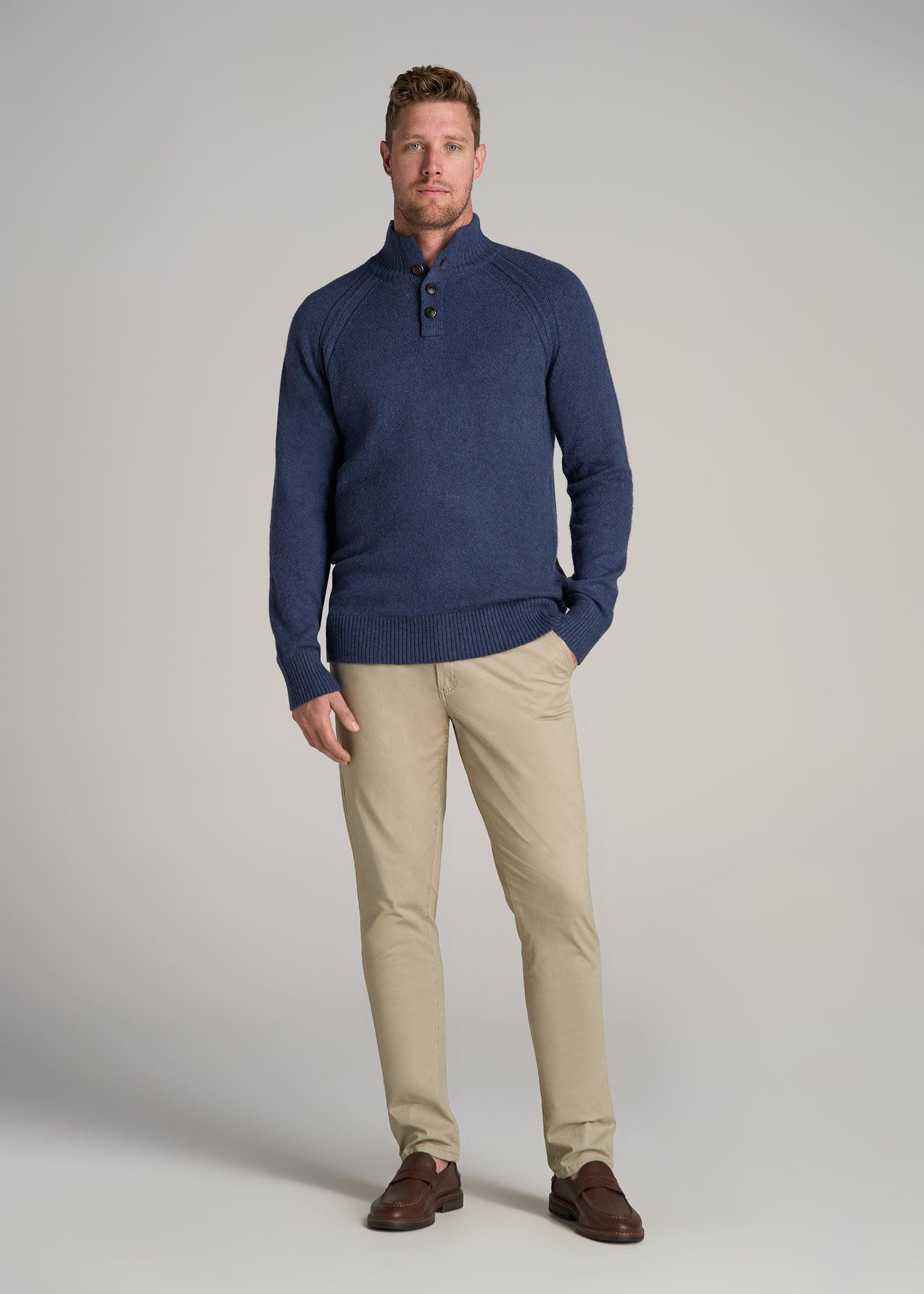 Three Button Mock Neck Tall Men's Sweater in Deep Cobalt Mix Male Product Image