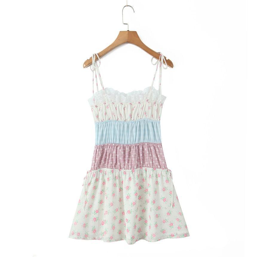 Spaghetti Strap Color Block Floral Print Mini A-Line Dress Product Image