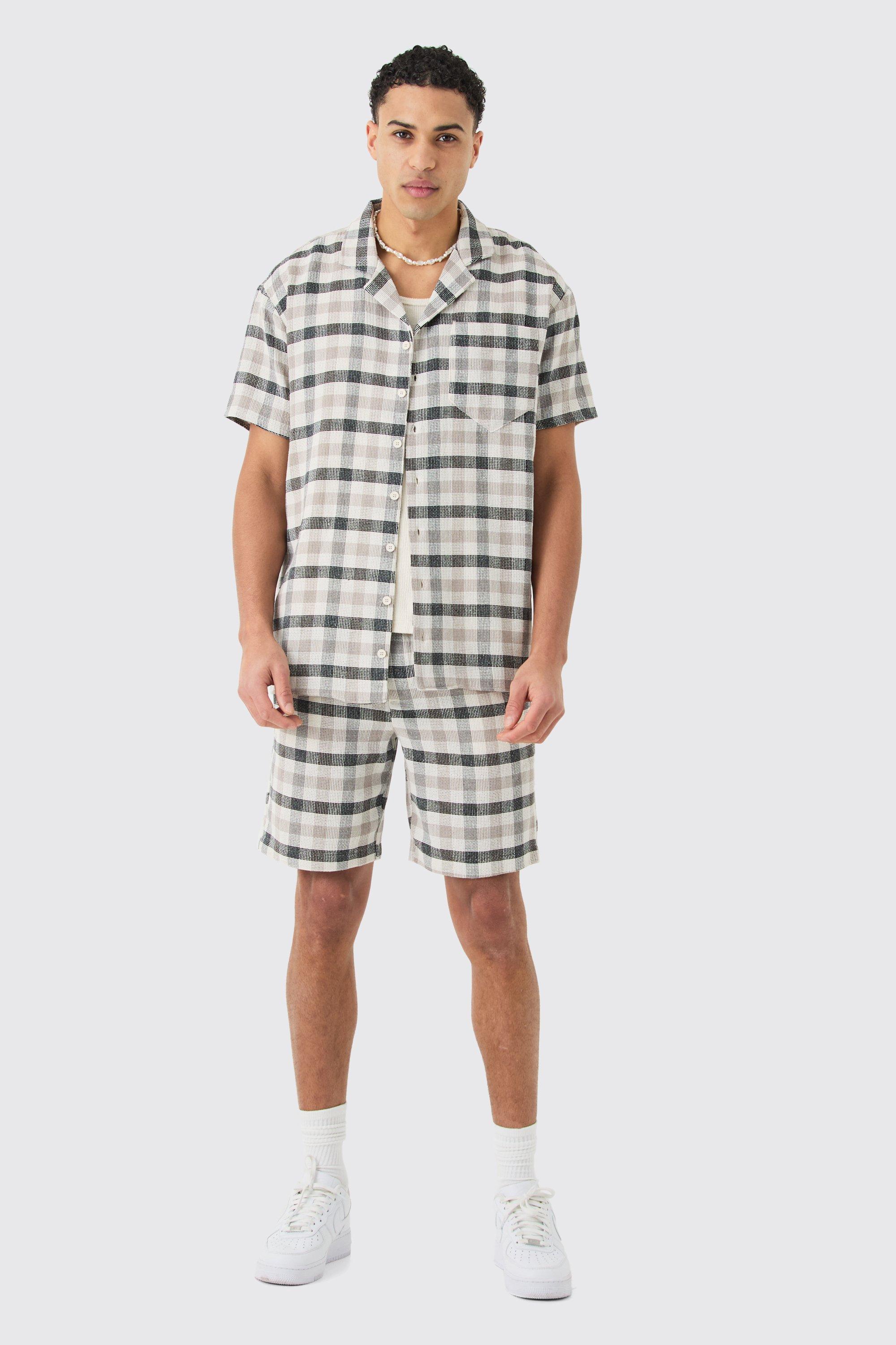 Oversized Mini Textured Flannel Shirt And Short | boohooMAN USA Product Image