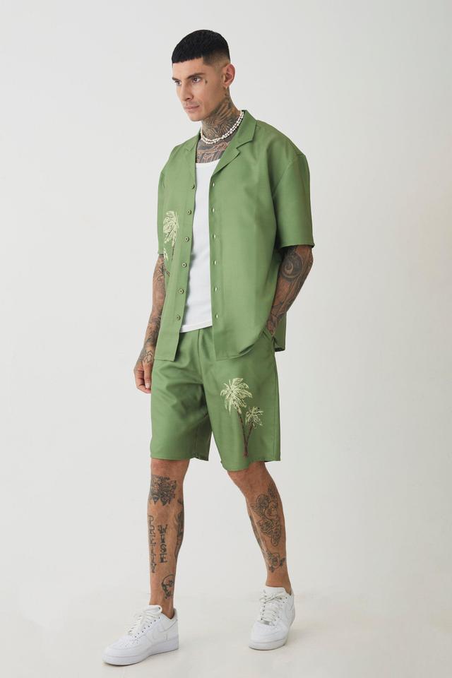 Tall Back Print Linen Look Shirt & Short Set | boohooMAN USA Product Image