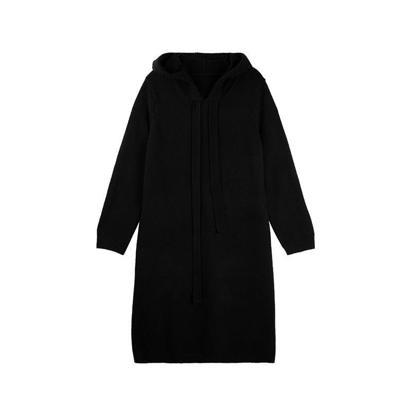 Plain Drawstring Knit Midi Hoodie Dress / Hoodie Product Image