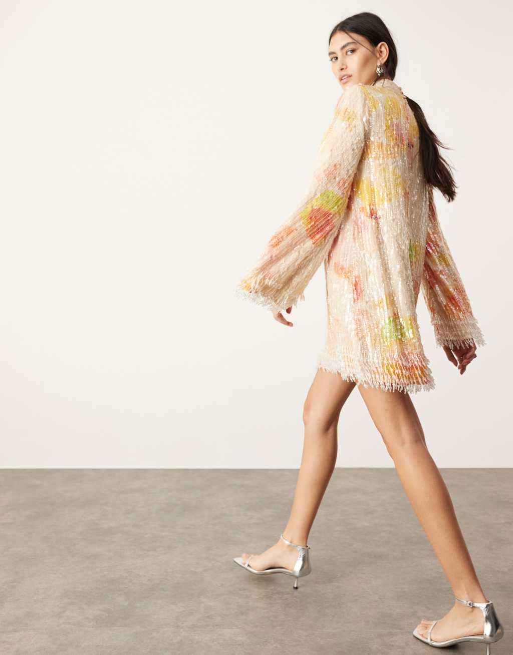 ASOS EDITION print and sequin high neck mini dress with fringe in orange floral Product Image