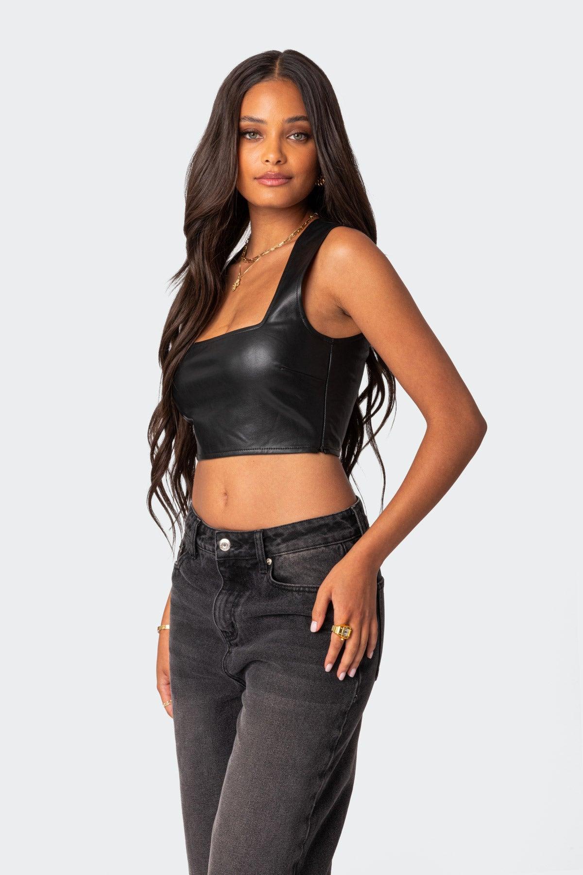 Crescent Faux Leather Crop Top Product Image