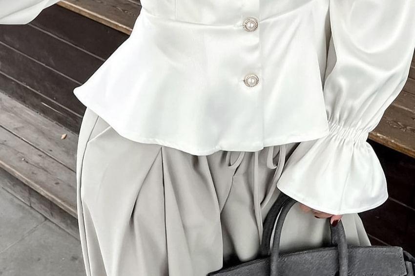 Long-Sleeve Off Shoulder Flowy Plain Blouse Product Image