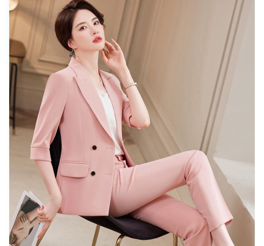 Elbow-Sleeve Peak Lapel Plain Double Breasted Blazer / High Rise Mini Pencil Skirt / High Rise Straight Leg Suit Pants / Set Product Image