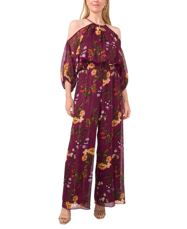 Msk Womens Floral-Print Cold-Shoulder Jumpsuit - Plum Product Image