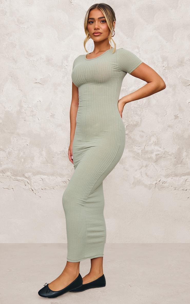 Khaki Rib Cap Sleeve Midaxi Dress Product Image