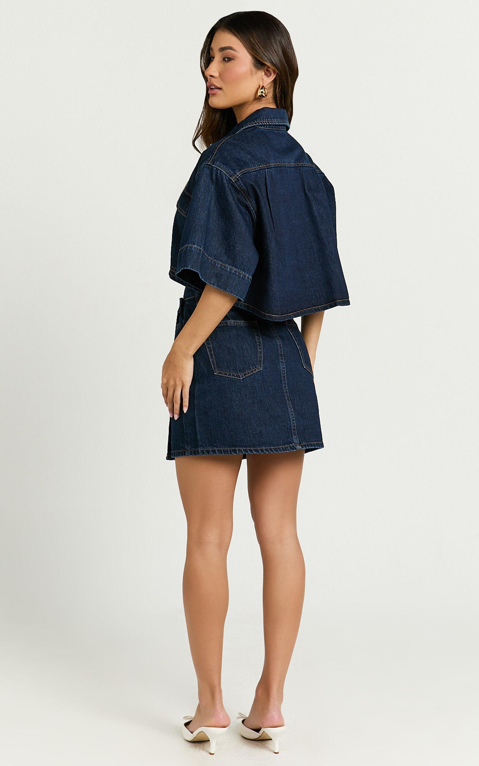 Katherine Top - Crop Button Down Collared Recycled Denim Short Sleeve Top in Dark Blue Wash Product Image