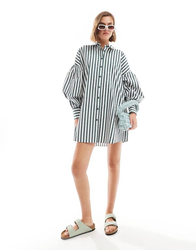 ASOS DESIGN boyfriend shirt mini dress with blouson sleeve in green stripe Product Image