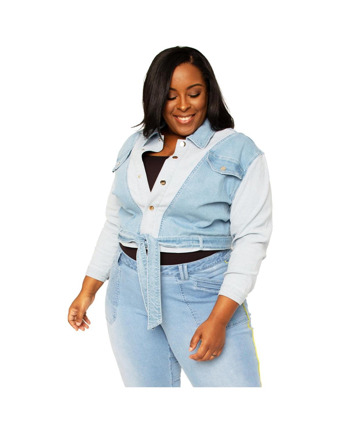 Womens Plus Size Curvy Fit Belted Dual Shade Denim Trucker Jacket Product Image