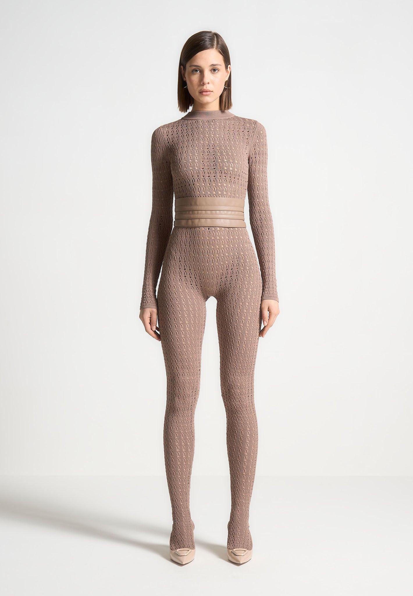 Pointelle Knit Long Sleeve Jumpsuit with Belt - Taupe Female Product Image