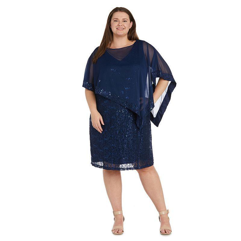 Plus Size R&M Richards Lace Dress with Sheer Poncho, Womens Blue Product Image