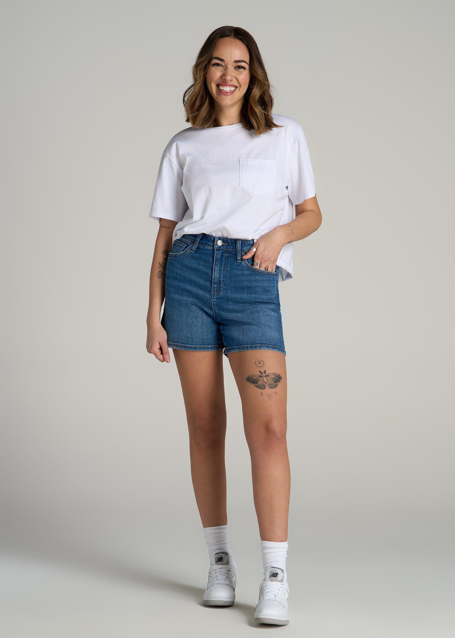 High Rise Denim Shorts for Tall Women in Classic Mid Blue Female Product Image