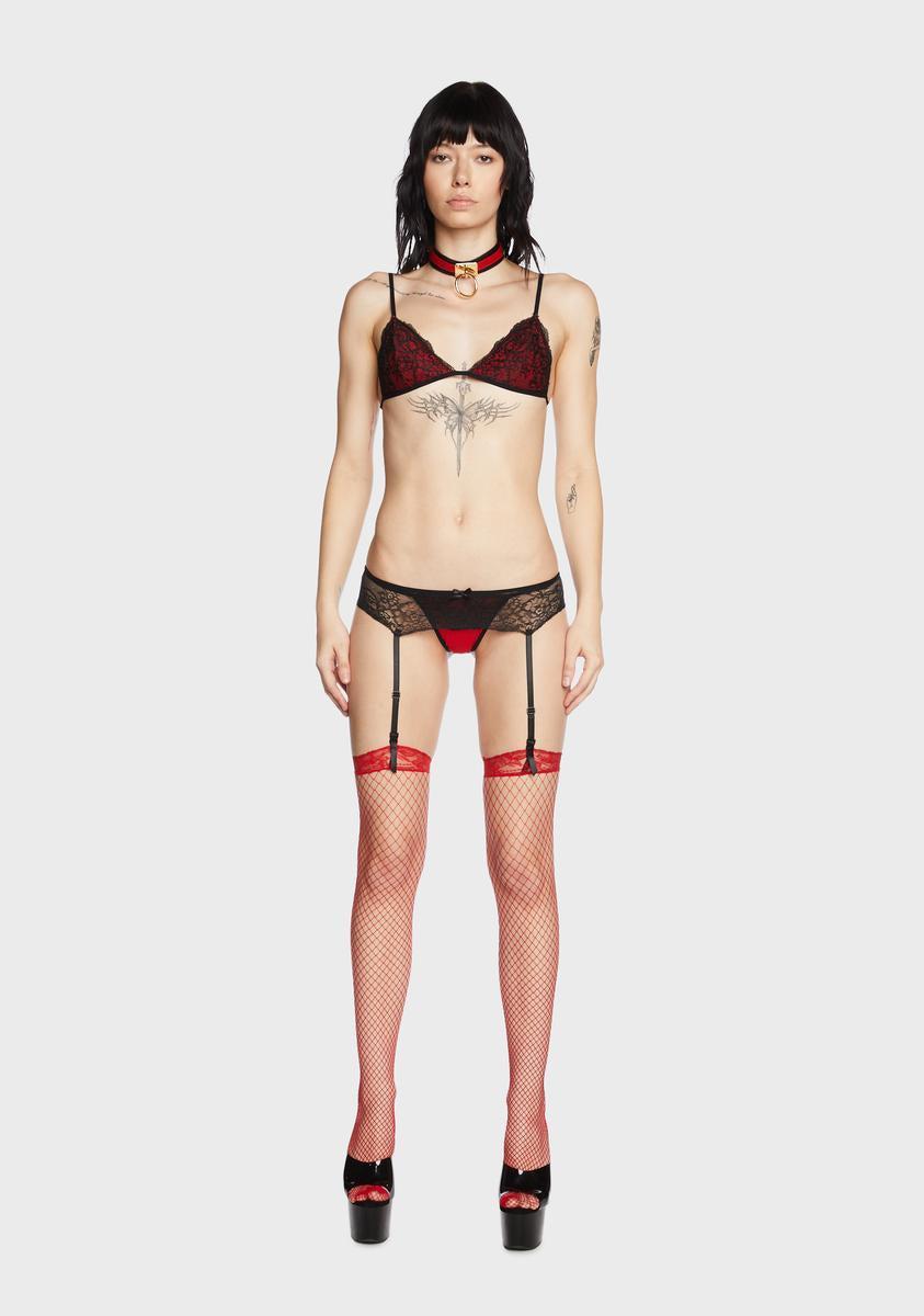 Three Piece Lace Garter Lingerie Set - Black/Red Product Image