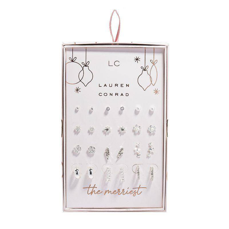 LC Lauren Conrad Silver Tone Floral Stud & Hoop Earring Set, Womens Product Image