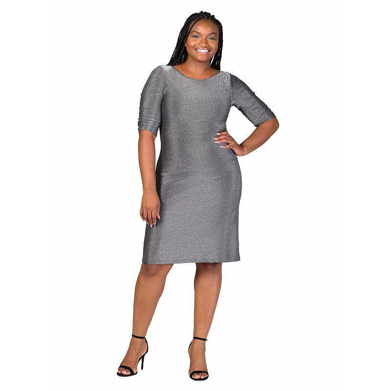 Plus Size 24Seven Comfort Apparel Elbow Length Sleeve Shimmer Bodycon Mini Party Dress, Womens Product Image