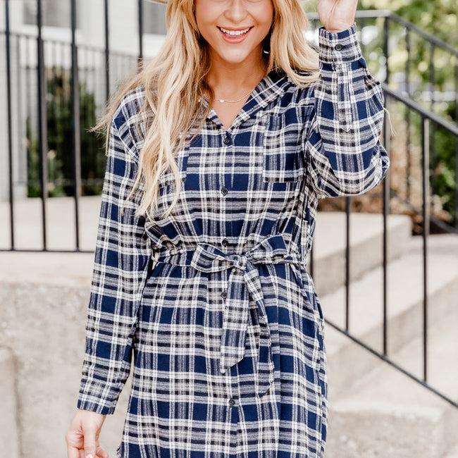 Make My Day Navy Plaid Shirt Dress FINAL SALE product image