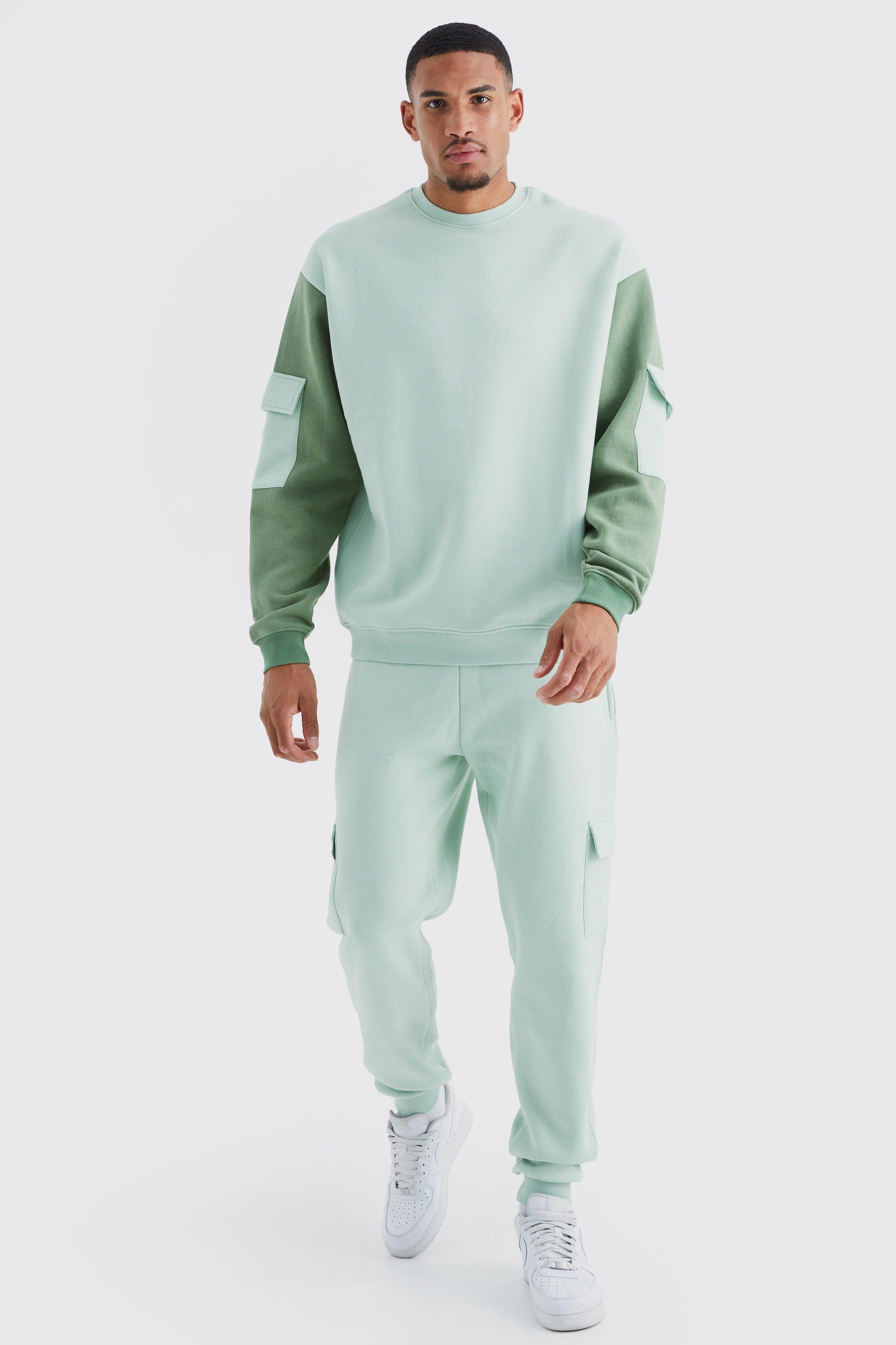 Mens Green Tall Oversized Colour Block Cargo Tracksuit, Green product image