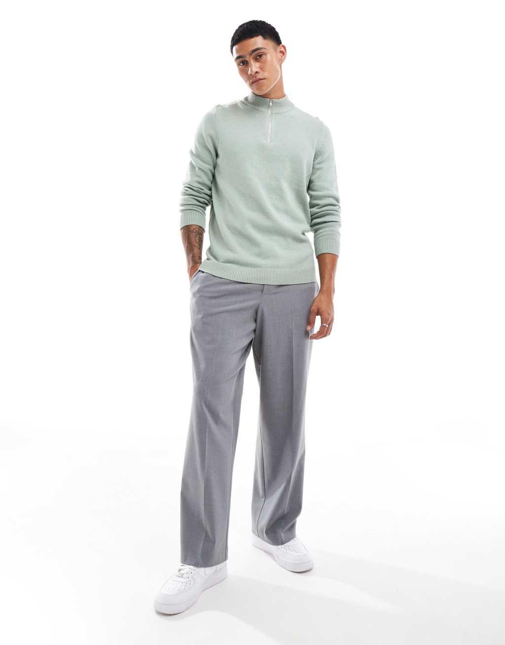 ASOS DESIGN midweight knitted quarter zip neck sweater in sage green Product Image