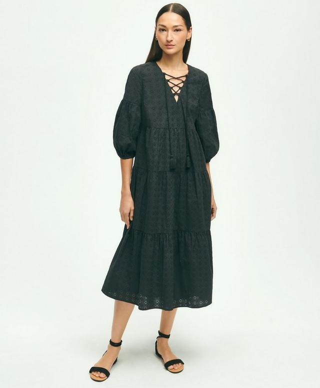 Cotton Tiered Eyelet Tie Neck Dress Product Image