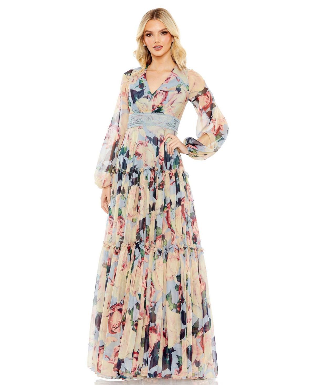 Women's Floral Puff Sleeve Dress With Embroidered Waist Product Image