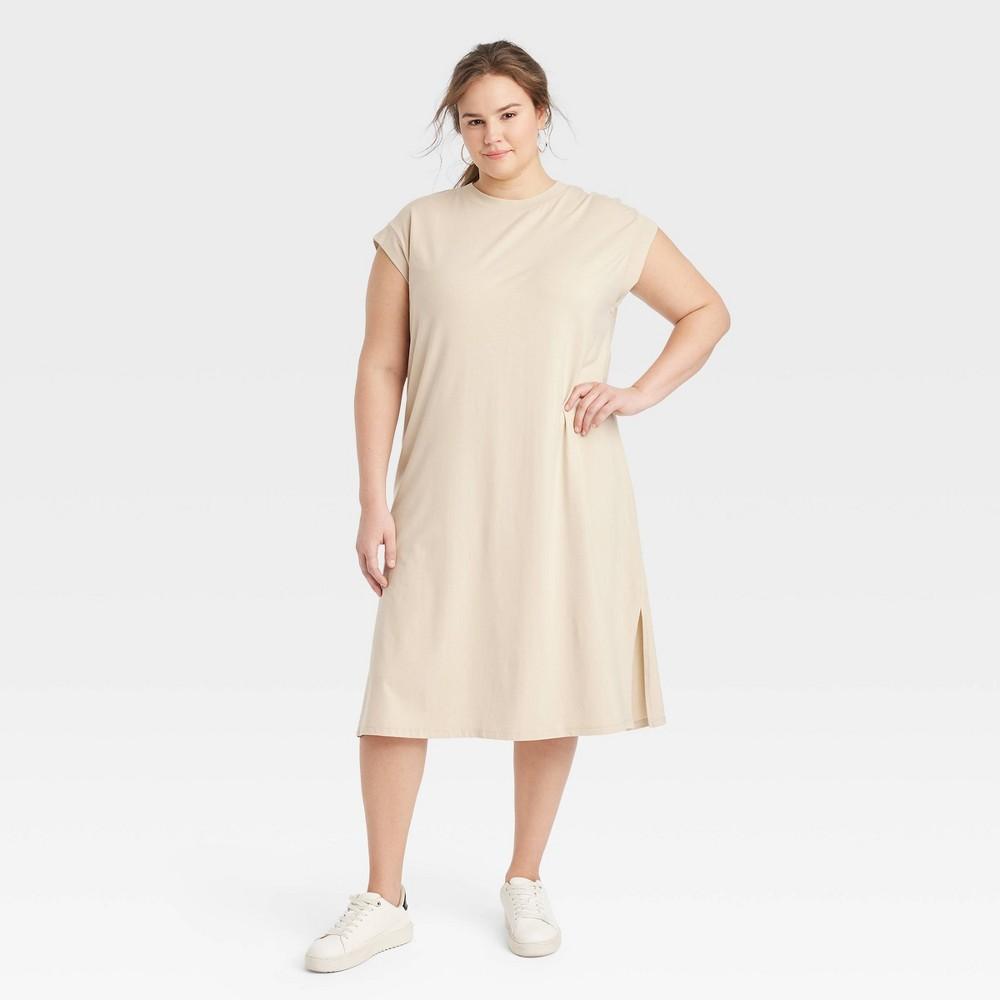 Womens Short Sleeve Midi Shirtdress - A New Day Tan XXL Product Image